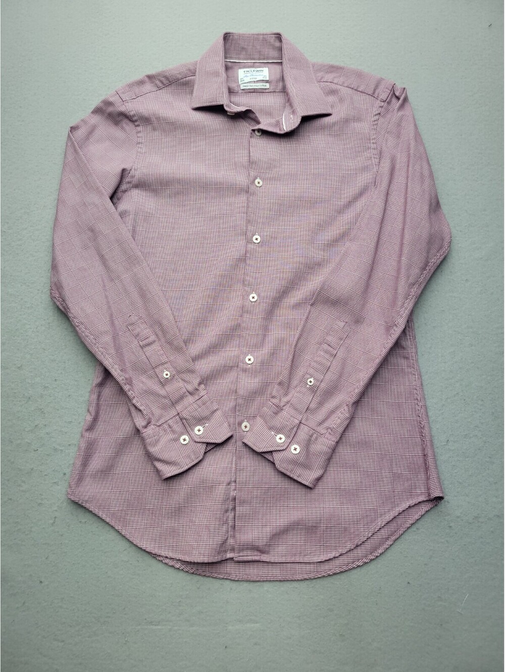 T.M.Lewin Men Button-Up 15 1/2 34 1/2 Burgundy Fitted Plaid 100% Cotton Work